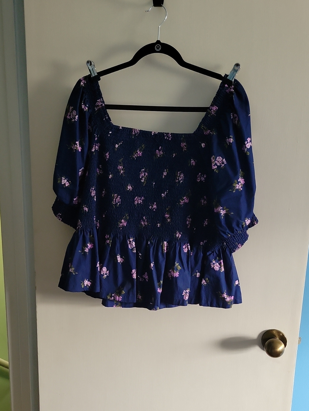 Smocked Peasant Top in Navy with Pink Floral Print